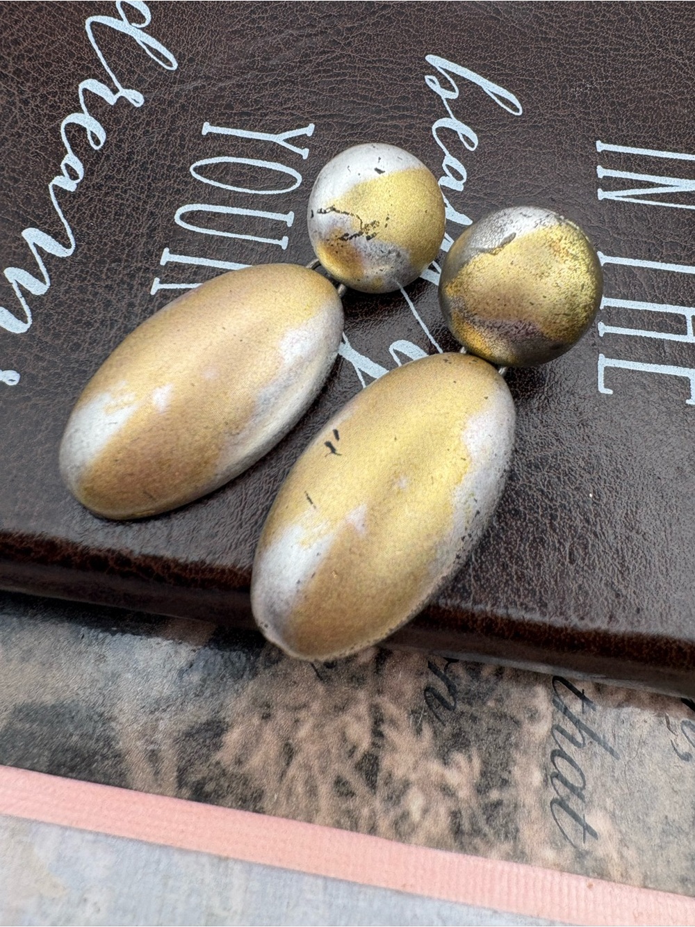 Vintage Gold Silver Tone Oval Drop Statement Earrings